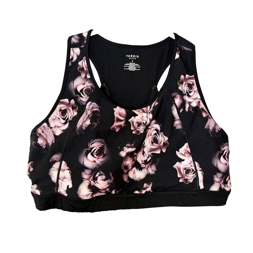 Torrid Low-Impact Active Sports Bra Black Rose Floral Print Racerback Plus 5X
